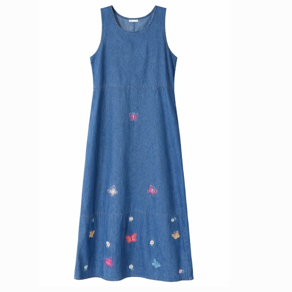 Vintage Country Wear Casuals Denim Jumper Dress with Butterfly Embroidery